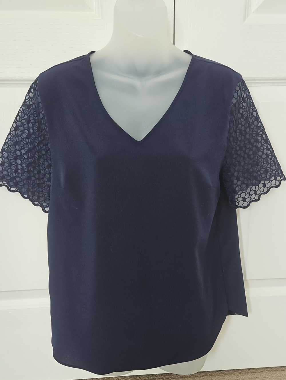 Banana Republic Navy V-Neck Top with Lace Short Sleeves